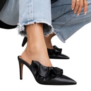 Rebecca Minkoff Womens 8.5 Black Leather Ruffle Pointed Slip On Mule Heels